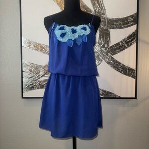 Blue Spaghetti Strap Dress with Floral Applique